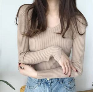 Slim Fit V-Neck Knitwear Womens Inner Wear Thin Long Sleeve Top Spring Autumn Winter Stylish Commute Soft Polyester Fiber