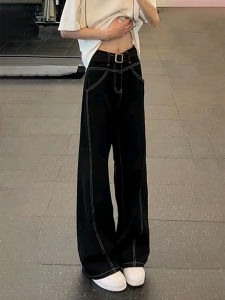 กางเกงยีนส์ทรงหลวมเอวกลาง กางเกงขายาวทรงหลวมสไตล์อเมริกันสำหรับผู้ชาย สไตล์ฮิปฮอป ทรงหลวม กางเกงขายาว ทรงหลวม