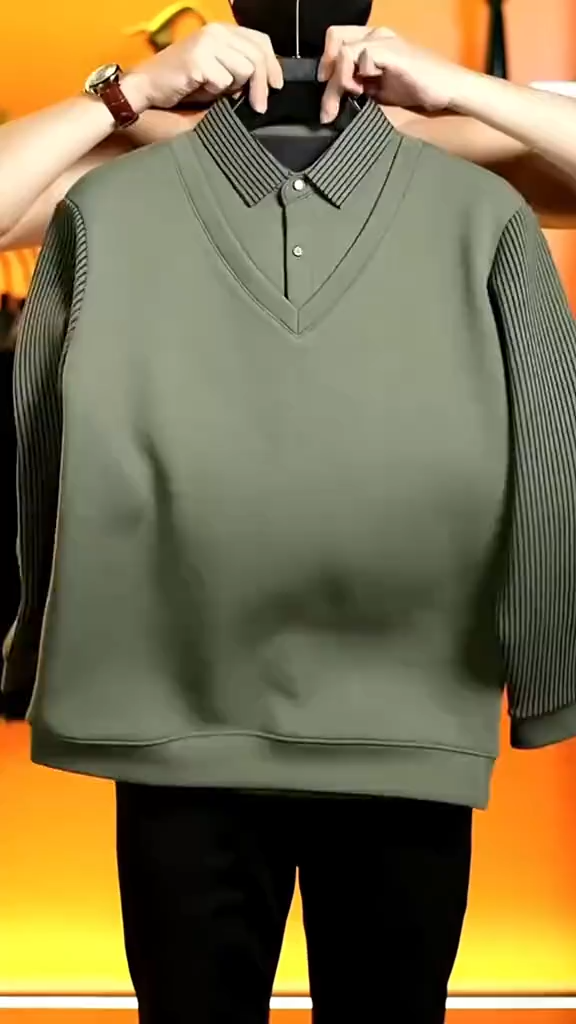 2026 New Mens Long-Sleeved Polo Shirt Business-Casual Style Loose and Casual Fit Cuffed Neck Suitable for Middle-Aged Men Double Striped Patchwork Polo