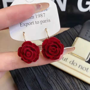 French Vintage Rose Flower Earrings Red Womens Elegant Lady Hong Kong Style Face Slimming round Face Jewelry Accessories