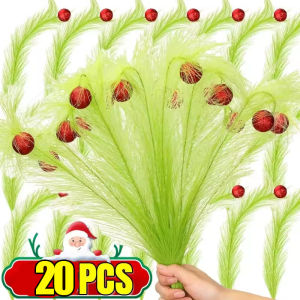 20Pcs Christmas Artificial Pampas Grass with Glitter Ball Green Red Fake Plants for Christmas Tree Topper Wedding Party Decor