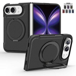 Từ tính cho iPhone Duo sợi carbon Trường hợp với đứng [Tương thích với từ tính] sợi aramid Twill 360 ° xoay chân đế mỏng PC trường hợp chống sốc đen