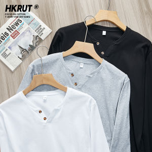 HKRUT | Áo Thun Dài Tay Cổ V Nút Đơn Giản Màu Trắng Cotton