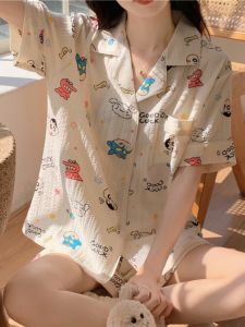 Summer Thin Sweet Cute Bubble Cotton Sleeveless Button Loose Home Clothes Set for Women Comfortable Breathable Sleepwear