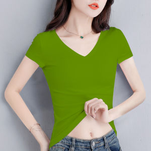 เสื้อยืดคอกว้างแขนสั้นผ้าฝ้ายแท้สีแดงสดสำหรับผู้หญิง ทรงเข้ารูป ทรงปกติ ฤดูร้อน 2024 เสื้อยืดคอกลมแขนสั้นสีพื้นสำหรับผู้หญิง