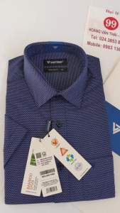 [Việt Tiến Sale] Sơ Mi Ngắn Tay - Regular Fit - Vạt vuông - Hình khối màu trắng trên nền xanh navy - size 38