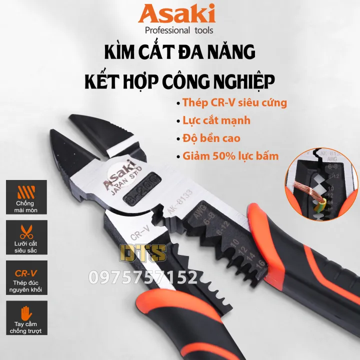 Kìm cắt đa năng kết hợp công nghiệp hãng Asaki AK-8133 8''/200mm, Kềm ...