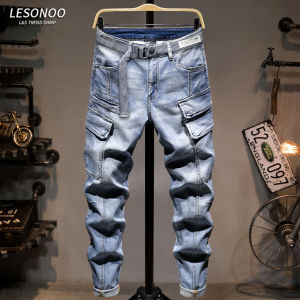 LIANSENNIAO | Quần Jeans Đa Ngăn Phong Cách Retro Mỹ Co Dãn Ống Trực