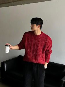 Red Knitted Sweater round Neck Loose Fit Mens Fashionable Casual Wear Long Sleeve Youthful Vitality Style Festive New Year