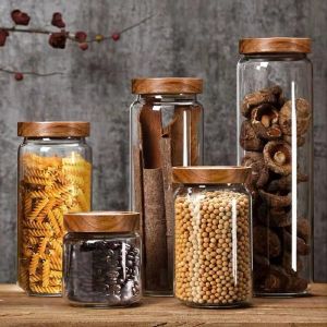 1PCS Empty Clear Glass Canister Home Kitchen Food Storage Container Jars Pots With Airtight Wood Lids Food Organizer Vial Dispenser for Pasta Tea Sugar Dry Fruit  Candy 450ML/15oz 750ML/25.4oz 1000ML/33.8oz / 1500ML/50.7oz