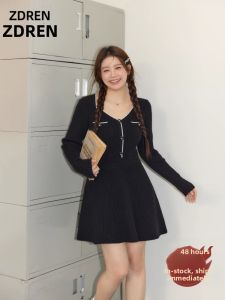 ZHANGDAREN | Đầm Len Đen Dây Kéo eo V-Neck Dành cho Người Mập