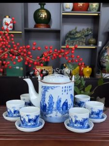 Ấm Tích Pha Trà 2L Bát Tràng Men Lam Trúc Lâm Thất Hiền - Bộ Ấm Tích Pha Trà Xanh Hãm Trà Dung Tích 2L