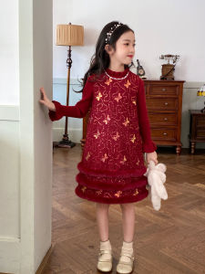 ชุดเด็กผู้หญิงปีใหม่ ชุดเด็กผู้หญิงฤดูใบไม้ร่วง/ฤดูหนาว สีแดง เสื้อผ้าเด็ก กระโปรงเดี่ยว ชุดเด็กผู้หญิง ชุดเด็ก ชุดเด็กผู้หญิง
