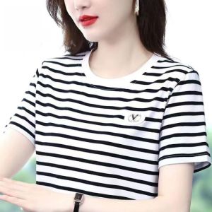 HUAXUNRAN | Áo Thun Nữ Dáng Rộng Mùa Hè Có Dải Sọc Che Bụng