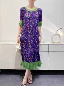 L-964F# One Size (45-75kg) Spring/Summer Tassel Print WomenS Mid-Length Sleeve Color Matching Plant Floral Pleated Dress