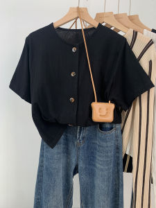 Black Fancy Ramie Short Sleeve Shirt Female Short Summer Linen Shirt Stylish Thin Outwear Cotton Linen Tops