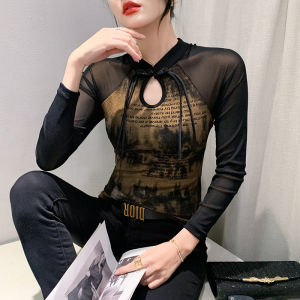 YIMEI Beautiful letter printed bottom shirt for autumn wear new versatile retro tassel buckle for womens T-shirt long sleeved mesh top for women