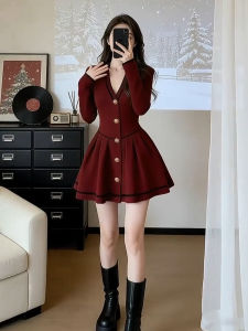 ZHENMANZI | Knitted A-line Dress Red Long Sleeve