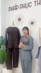 Đồ lam nữ đi chùa vạt hò nút bấm chất kate lụa bộ pháp phục quần áo đi chùa cho phật tử Thiên Di D23