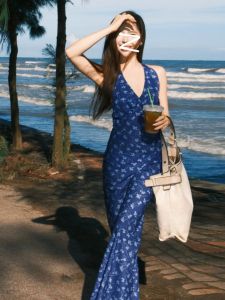 CHANGTONG | Unique French Blue Floral Print Off-Shoulder Long Dress Beach Vacation Sister Style Skirt V-Neck Sleeveless Wrap Around Waist