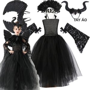 Váy Tutu Dài Phong Cách Phù Thủy Thiên Thần Bóng Đêm Cho Bé Gái Kèm Bộ Cánh Lông Vũ Và Sừng Trang Phục Lưới Đen Gothic Cho Lễ Hội Hóa Trang Halloween
