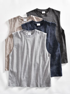 เสื้อกั๊กแขนกุดคอตตอนสไตล์อเมริกันสตรีทสไตล์ย้อนยุคสำหรับผู้ชายในช่วงฤดูร้อน เสื้อยืดคอกลมระบายอากาศได้ดี