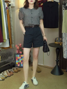 Shalldoer | Design Sensitivity Ruffle Check Shirt Casual Straight Leg Shorts Set 2 Pieces