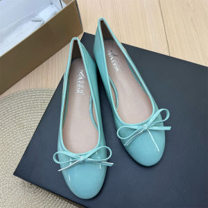 Ballet Flat Shoes Round Toe Ribbon Design Shallow Cut Vintage Patent Leather