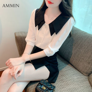 Ammin mùa hè mới phụ nữ ngắn tay đôi cổ áo búp bê áo voan phong cách Hàn Quốc thời trang khí chất giản dị đi lại văn phòng bảy điểm tay áo áo voan trắng