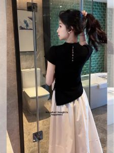 Shalldoer | Summer Fashionable Womens Short Sleeve Drawstring High Waist Skirt Set Two Piece Ensemble Breathable Comfortable Casual Wear