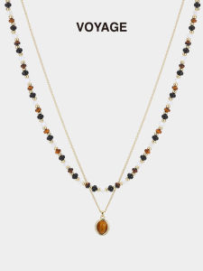 Autumn Winter Layered Beaded Necklace Womens Luxury Tiger Eye Stone Jewelry Sweater Chain Gold High-End Vintage Accessory