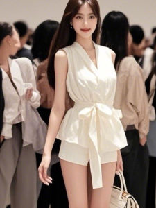 Elegant V-neck Chiffon Sleeveless Cross Tie Top Summer Fashion Lady Party Style Womens Upper Body Short Sleeve round Neck