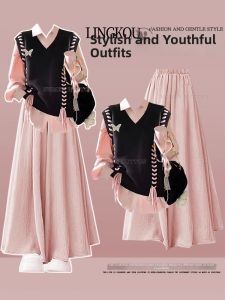 NUMEN BUTTON | Spring Casual 3-piece Set Women Pink Blouse Vest Wide Leg Pants Large Size