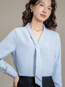 Blue French V-neck Shirt Womens Commute Professional Interview New Style Spring Autumn Casual Loose Fit Button Detail