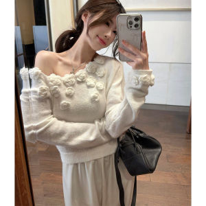 Pure Desire Style Handmade Three-Dimensional Rose off-the-Shoulder Short Long Sleeves Sweater Female Autumn Cute Youth-Looking Slimming Sweater