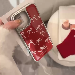 Full screen white ribbon knot New Years red phone case for iPhone 13 14 15 16 Pro Max casing Electroplating frame drip glue hard cover for iPhone15Promax case