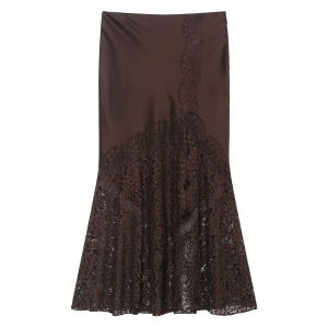 HH 2026 Spring Summer Skirt For Women Lace Hem Skirt Side Zipper High Waist Slit Midi Skirts Fashion High Street Lady Chic Skirt