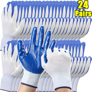 12/24 คู่ ถุงมือสำหรับงานหนัก / ถุงมือเคลือบไนไตรล์แบบยืดหยุ่น / ถุงมือทำงานแบบหนา กันลื่น / ถุงมือทำสวนแบบระบายอากาศ