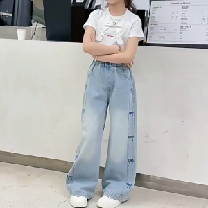 Manila Jeans For Kids Girls 6-15YRS 2025 Korea New Style Loose Maong Pants Bow Tie Embroidery Wide-Leg Washed Soft Denim With 4Multi-pockets Fashion Long Pants