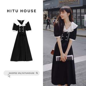 Đầm Midi Đen Tiểu Thư Vintage Dáng Xoè Cổ Lá Sen Tay Bồng Xếp Ly - Hitu House [D.03]