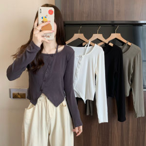 เสื้อยืดแขนยาวผู้หญิง ทรงเข้ารูป ทรงสั้น ทรงไม่สมมาตร แฟชั่นเกาหลี ฤดูใบไม้ร่วง เสื้อตัวบน คอกลม ทรงเข้ารูป