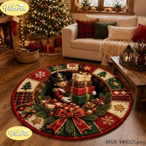 VIKAMA Christmas Round Rug Nutcracker Holding Gift Boxes Area Rug Living Room Holiday Home Decor Aesthetic Art Large Premium