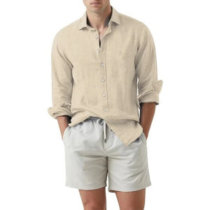 Mens Shirt Summer Cardigan Solid Color Top Long Sleeve Lapel Shirt Beach Cotton And Linen Single-breasted Shirt Slim Large Size