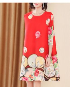 Fashionable Japanese Pleated Print Dress Womens Loose A-Line Skirt Elegant Spring Summer Polyester Fiber round Neck Sleeve