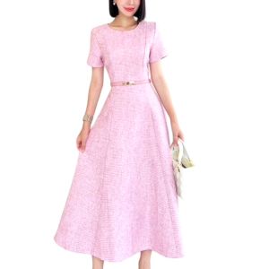 Short Sleeve Crew Neck Woven Tweed Belt Loose Flare Midi Dress - PIMNADACLOSET