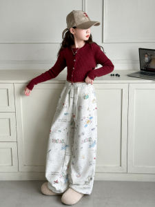 Girls Long Knitted Sports Pants Floor-Length Straight Leg Fashionable Cartoon Graffiti American Style Spring Wear Childrens Clothing