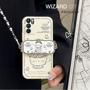 Cute Girls Floral Tea Cup Phone Case Stand Oppo Reno8 Reno7 Reno6 pro New Reno5 Pro+ with Lanyard Crossbody Full Cover Anti-Fall