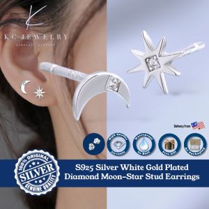KC Jewelry S925 - White Gold Plated Moon-Star Diamond Stud Earrings