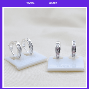 FLORA 0608B - Bông tai bạc ta đính đá vuông màu hồng trắng dành cho bé gái