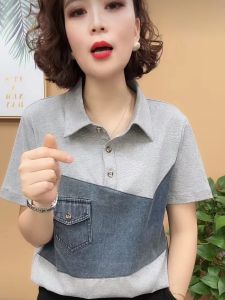 Fashionable Cotton T-Shirt for Middle-Aged Women Loose fit Short Sleeves Patchwork Design Large Size Casual Shirt for Mothers